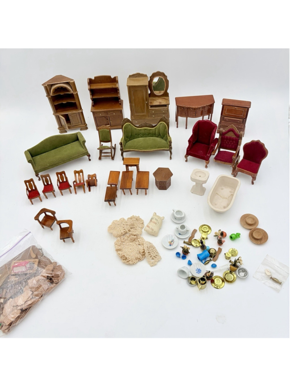 Vintage Dollhouse Furniture Accessories Lot 1:12 Wood Velvet Miniatures Parts